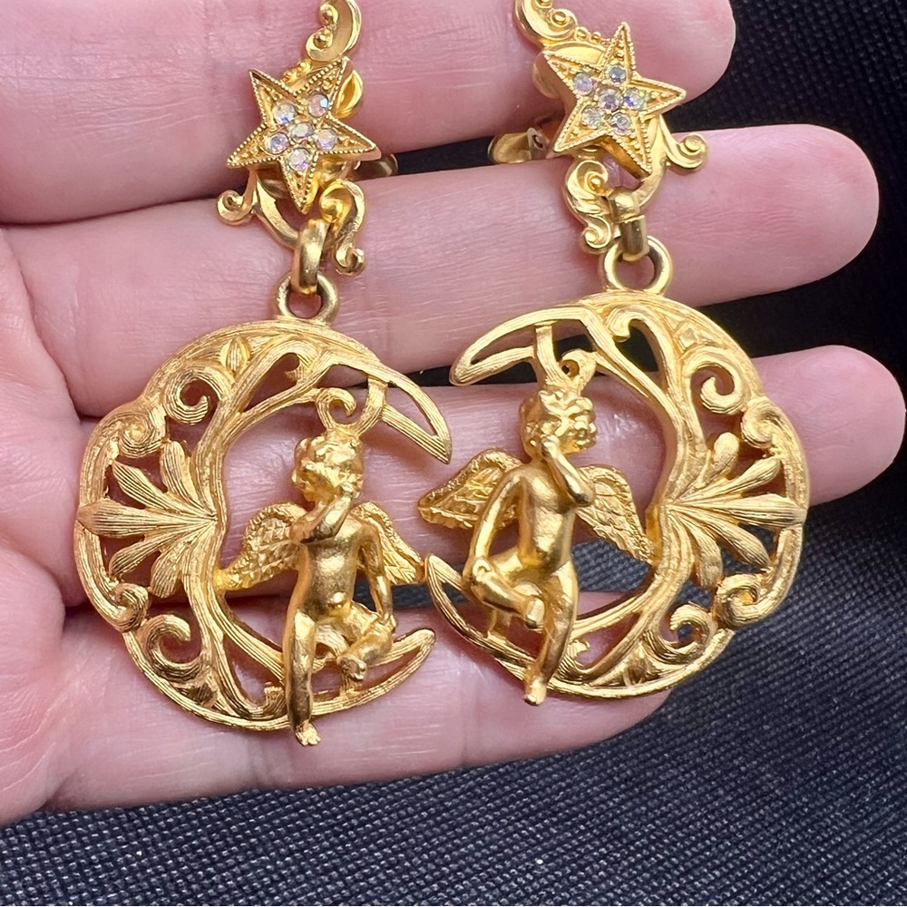 Kirks Folly Gold Plated AB Rhinestones Cherubs Angels Crystal Clip On‎ Earrings